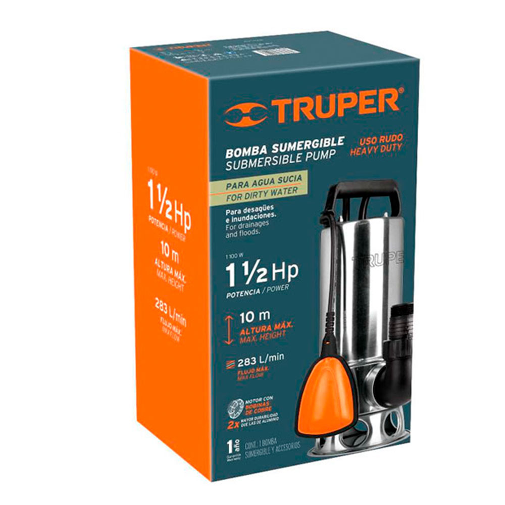 Bomba Sumergible Metálica Para Agua Sucia 1-1/2 Hp, marca Truper. - Imagen 2
